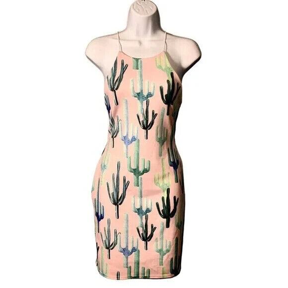 Southwestern Short Summer Dress Size 6 Cactus Print Bodycon Pink Spaghetti Strap - Picture 2 of 8